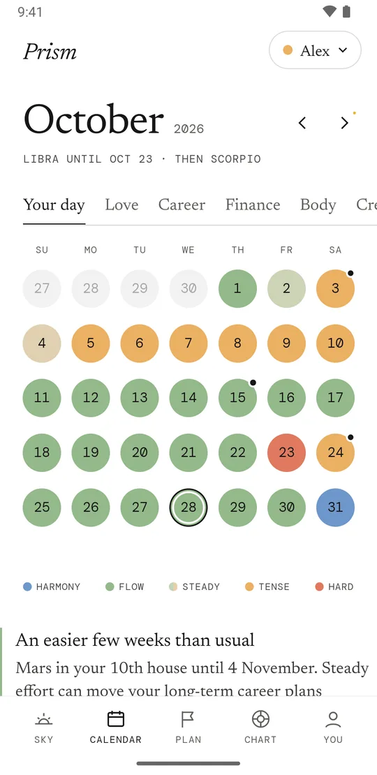 Prism’s calendar: the month graded in five colours